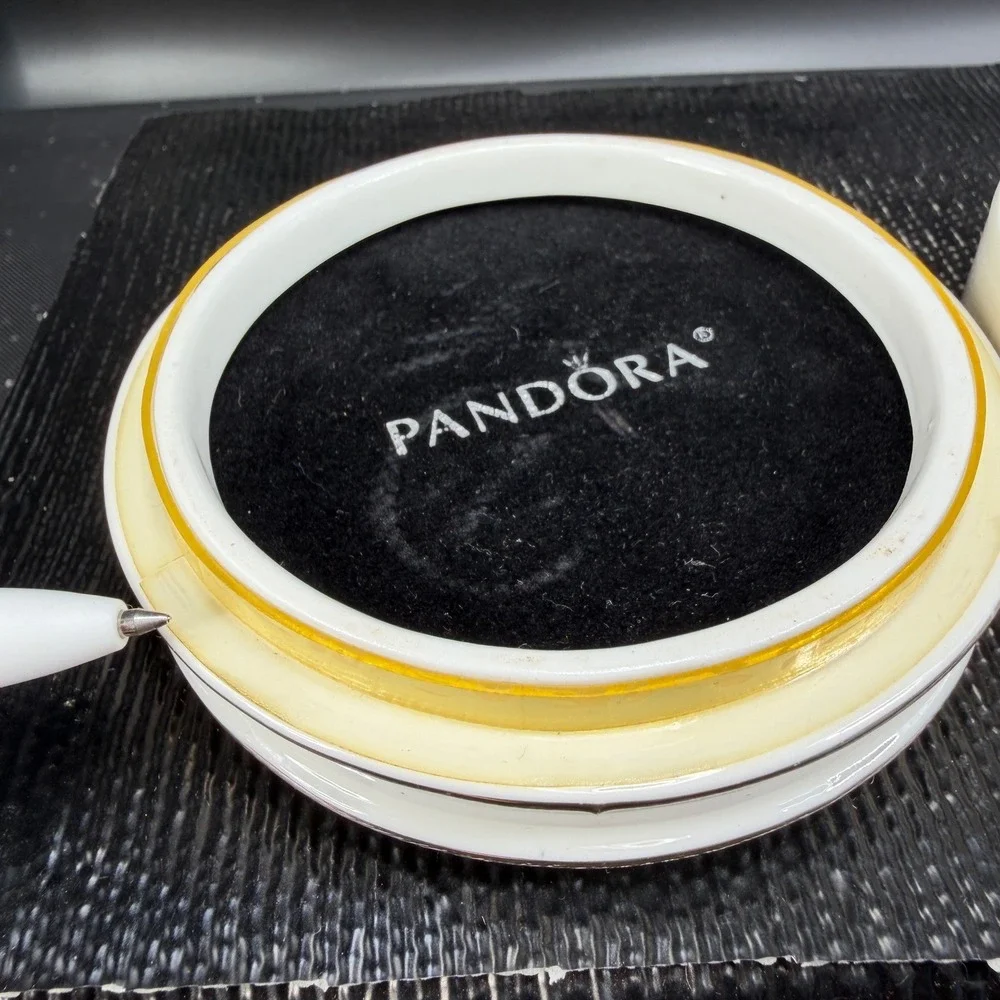 Pandora White Ceramic Round Jewelry Box Black Velvet Lining Lattice Lid 4 Inch